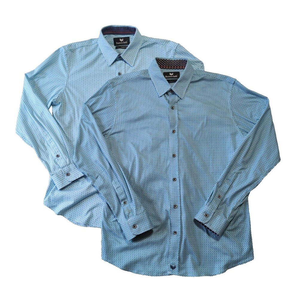 2pk Lot Buttercloth Mens L Regular Fit Dress Shirt Blue Geometric Cotton Button - Picture 2 of 9